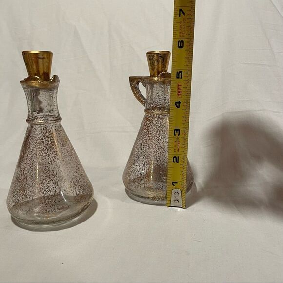 Hazel Atlas MCM vintage gold speckled glass set of 2 oil and vinegar cruets - Picture 7 of 10